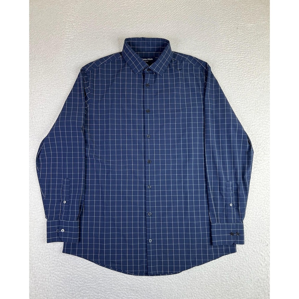 Mizzen+Main Leeward Dress Shirt Mens Medium Blue Plaid Classic Fit 1WS-1320